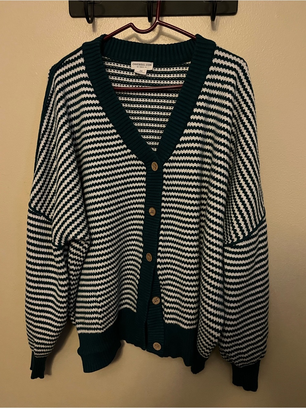 Chic Soul Teal and White Striped V-Neck Button Cardigan
